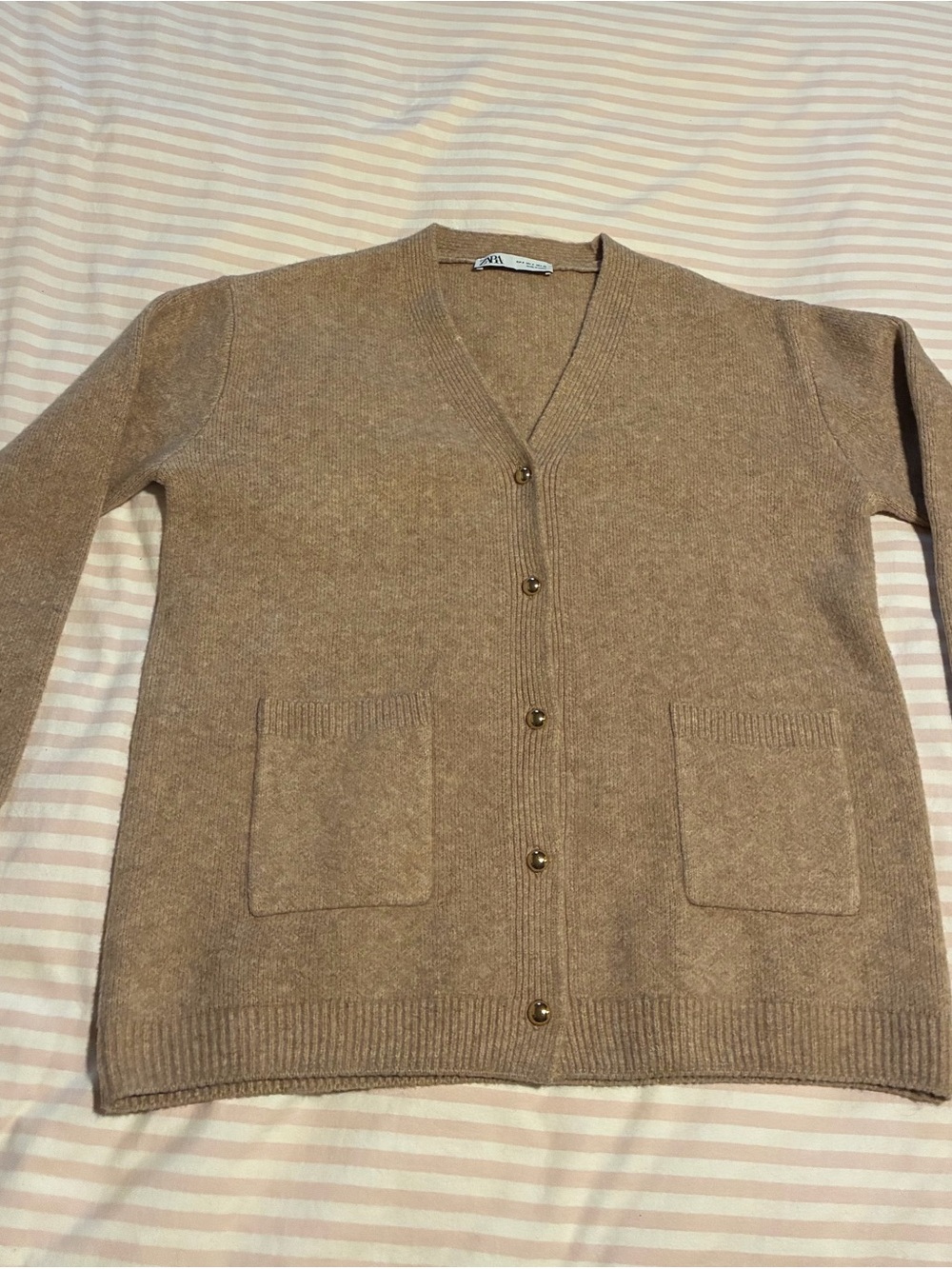 Zara Women's Taupe Button-Up V-Neck Cardigan